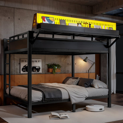 Queen over Queen Size Metal Bunk Bed with Storage Shelves and Pegboard, Bunk Bed Frame with USB Ports and LED Lights, Space-Saving, for Teens and Adults, Black