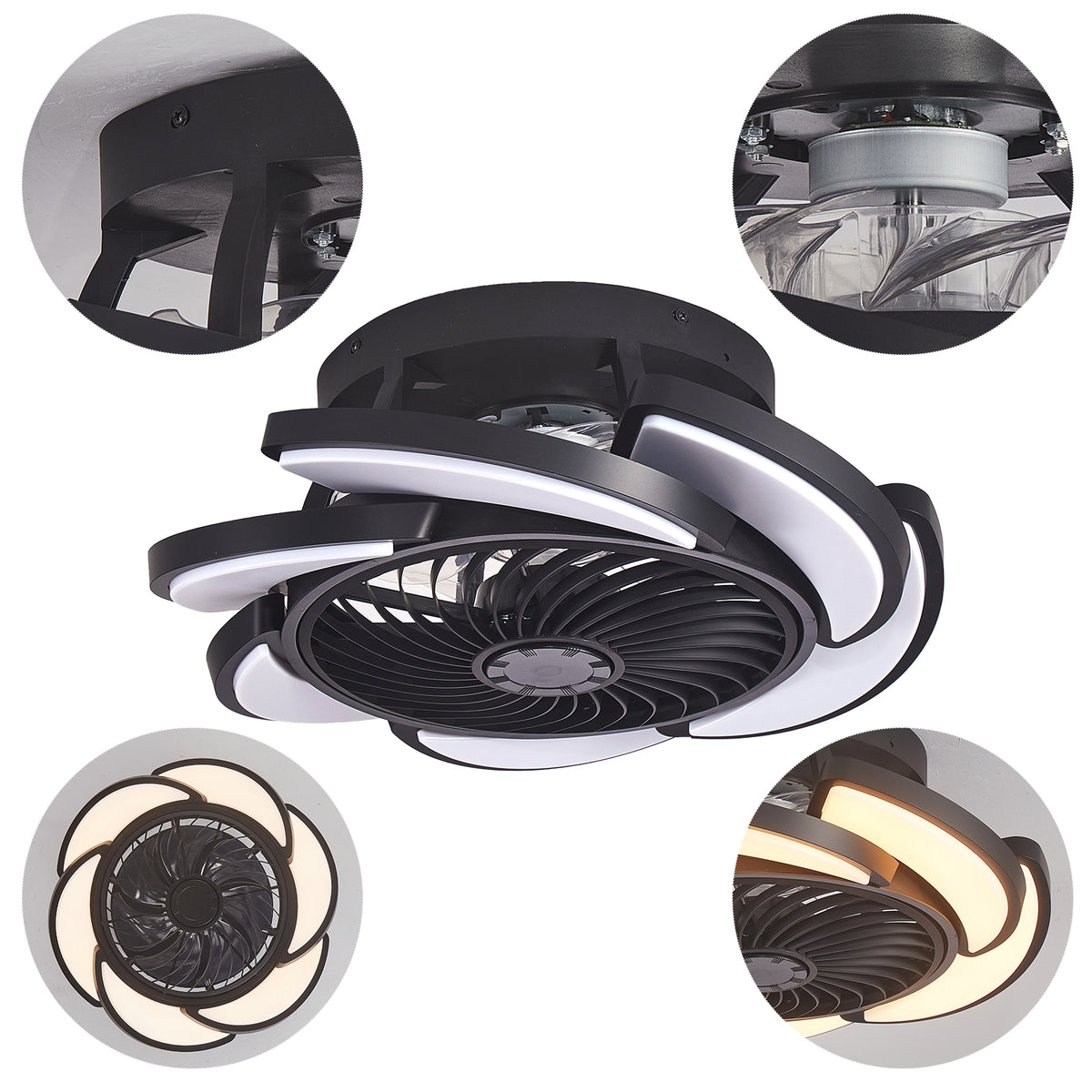 Black Bladeless Ceiling Fan with Remote Control, 6 Speeds Dimmable Light, Enclosed Low Profile for Bedroom Living Room, 17-Inch