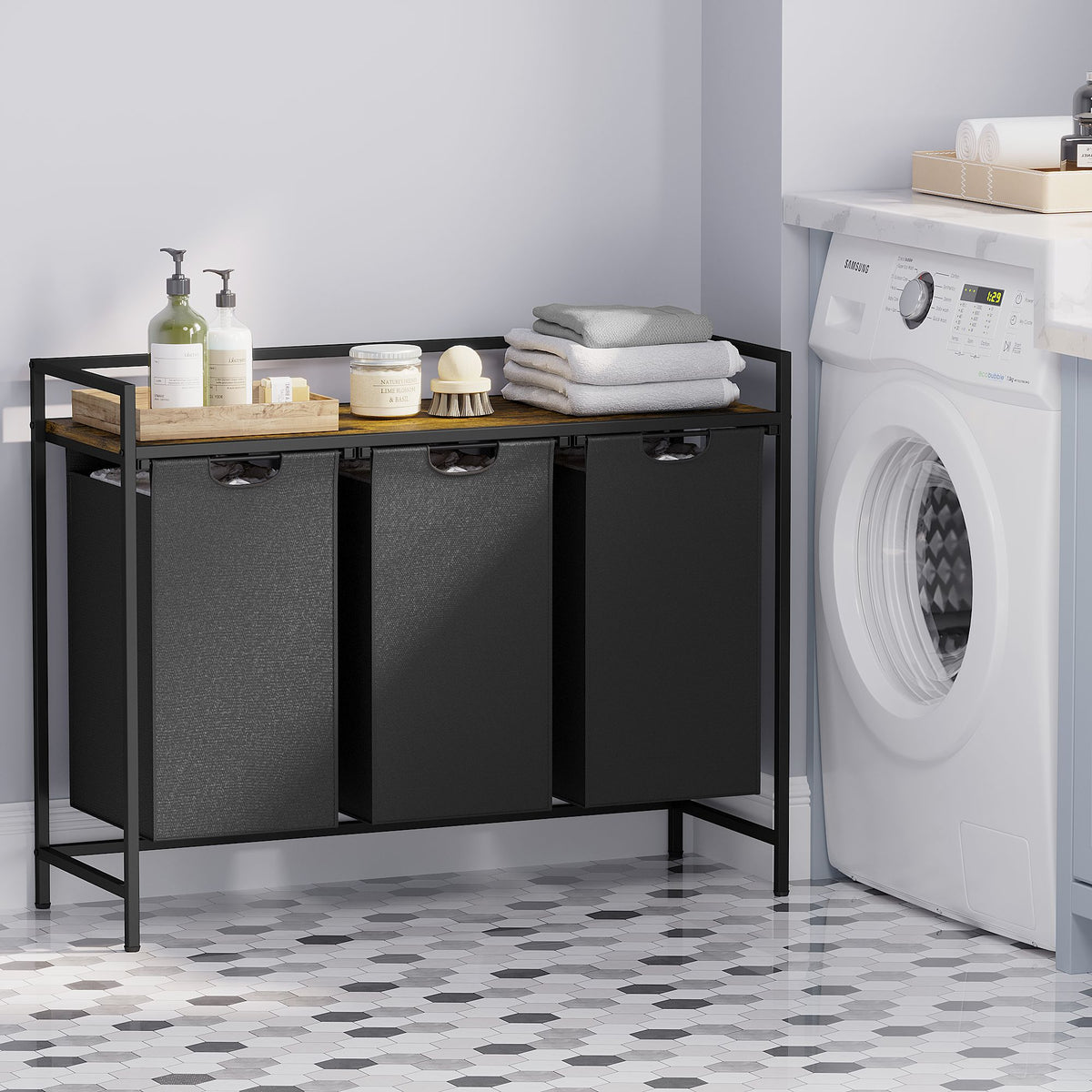 Laundry Hamper with Shelf, 3-Bin Laundry Sorter with Wood Top, Double Hamper with Removable Fabric Bags, Metal Frame, Freestanding Clothes Organizer for Bedroom, Bathroom, or Laundry Room