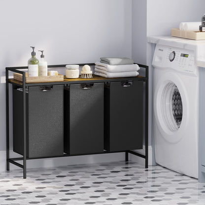 Laundry Hamper with Shelf, 3-Bin Laundry Sorter with Wood Top, Double Hamper with Removable Fabric Bags, Metal Frame, Freestanding Clothes Organizer for Bedroom, Bathroom, or Laundry Room