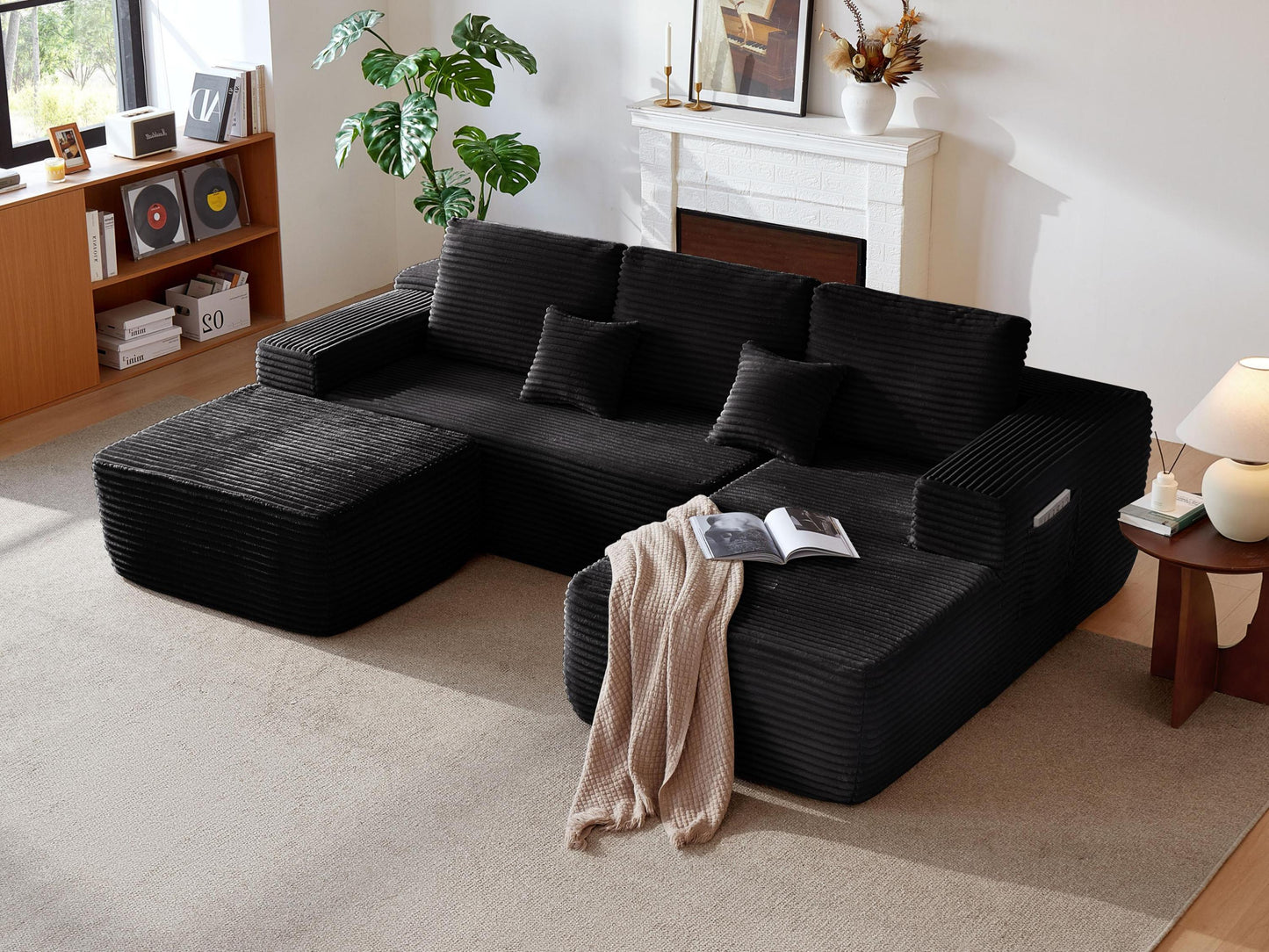 104' Cloud Sectional Sofa with U-Shape Chaise and Side Pockets , Modern Modular Design, Deep Seating, Upholstered Couch for Living Room/Bedroom, No Assembly Required (Plush Fabric), Black,Right