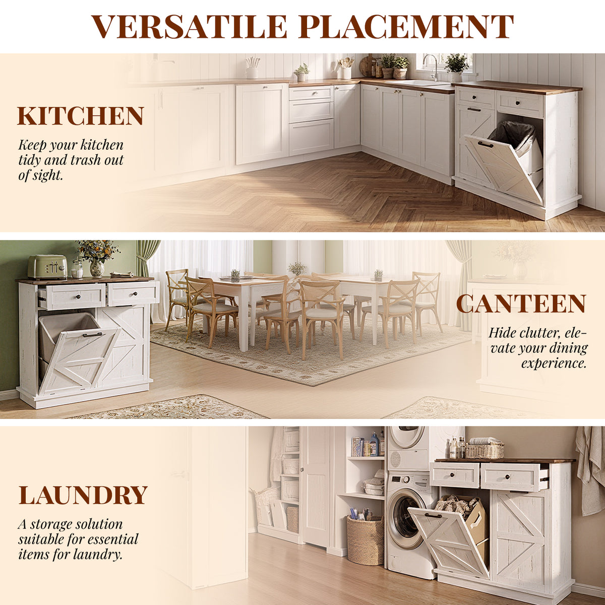 Tilt Out Trash Can Cabinet for Kitchen, Double 10-Gallon Hidden Trash Cabinet with Drawer, Farmhouse Wooden Garbage Cabinet, Dog Proof Trash Can Storage for Kitchen Laundry Living Room Office