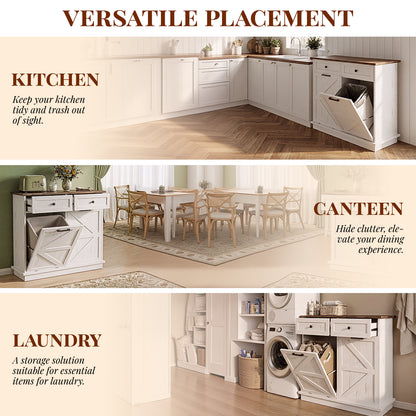 Tilt Out Trash Can Cabinet for Kitchen, Double 10-Gallon Hidden Trash Cabinet with Drawer, Farmhouse Wooden Garbage Cabinet, Dog Proof Trash Can Storage for Kitchen Laundry Living Room Office