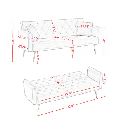 Modern convertible 72 inch foldable sleeper sofa with tufted, American retro style, made of pink velvet material, suitable for small living rooms, bedrooms and offices. pink color