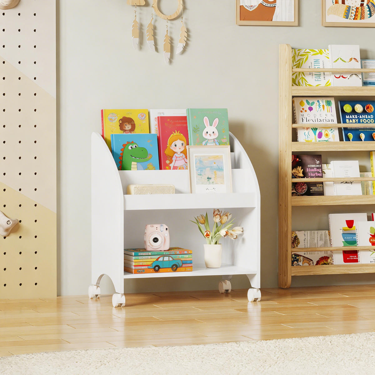 Kids Bookshelf with Wheels, 3-Tier Front Display Bookcase, MDF Rolling Book Organizer with 360° Lockable Casters, Children Storage Shelf for Nursery Bedroom Playroom