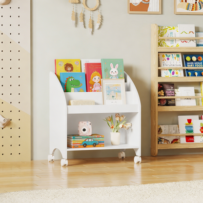 Kids Bookshelf with Wheels, 3-Tier Front Display Bookcase, MDF Rolling Book Organizer with 360° Lockable Casters, Children Storage Shelf for Nursery Bedroom Playroom