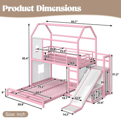 Twin over Full Playhouse Metal Bunk Bed with Slide & Ladder, House Shaped Bunk Bed with LED Light Strip, Privacy Curtain, Movable Storage Cabinet and Hanging Rod, Twin over Full Kids Bunk Bed , Pink