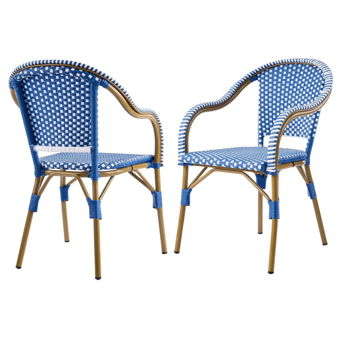 Outdoor Bistro Chairs, Patio Dining Chairs with Aluminum Frame, Weather Resistant PP Rattan Armchairs for Porch, Garden, Backyard, Cafe (Set of 2),  Natural+Blue+White