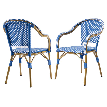 Outdoor Bistro Chairs, Patio Dining Chairs with Aluminum Frame, Weather Resistant PP Rattan Armchairs for Porch, Garden, Backyard, Cafe (Set of 2),  Natural+Blue+White