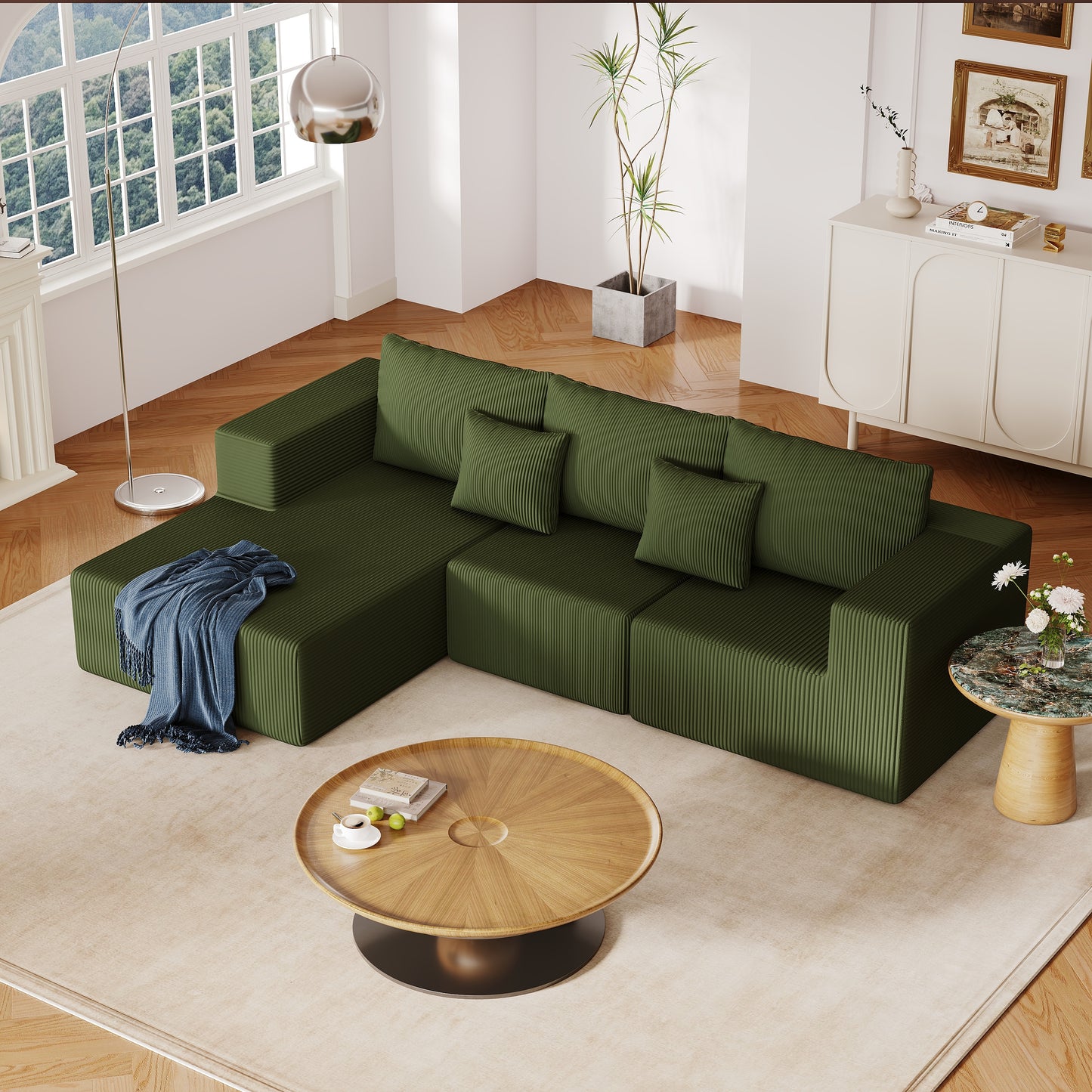 108.3' Sectional Foam Couch,L Shape Sofa with Chaise Lounge,Modular Cloud Sofa  for Living Room,Upholstered Corduroy Couch Green
