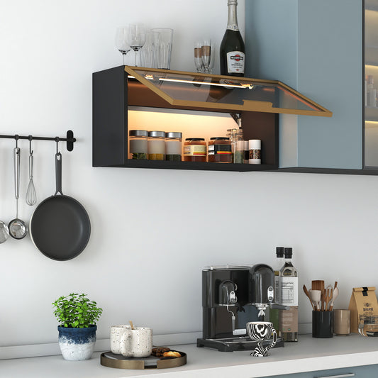 Large-Capacity Spice Rack Wall Mounted Storage Cabinet, Black Hanging Kitchen Pantry with Up-Flip Door, for Kitchen, Dining Room All Occasion