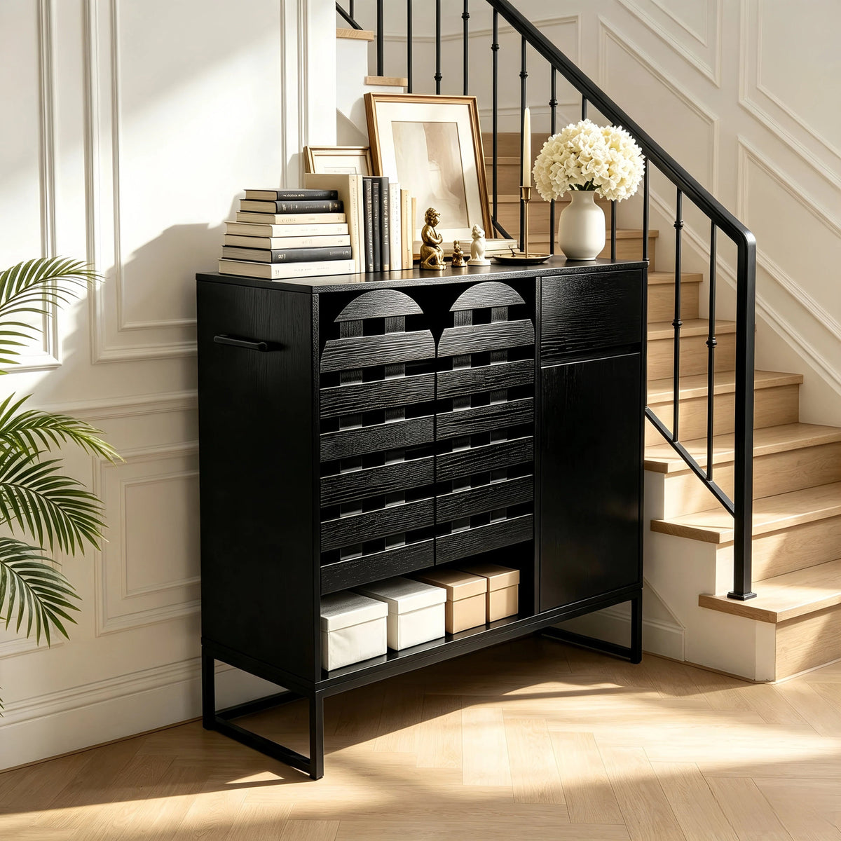 Buffet Cabinet with Storage: 44.49"Black Woven Door Accent Cabinets,with Arched Doors,with Multi layer Adjustable,with Metal Leg,woven door and drawer - for Kitchen Living Dining Room Entryway