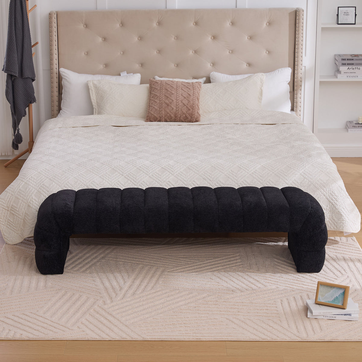 69.7"Wide Modern Upholstered Armless Bed Bench, Channel Tufted Couch Daybed Chaise, Chenille Ottoman Foot Stool for Living Room and Bedroom, Entryway, Black