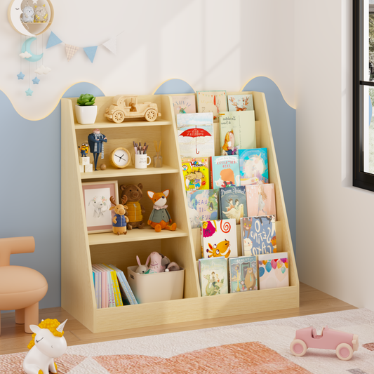 Kids Bookshelf and Toy Storage Organizer, Multifunctional 4 Tier Wooden Kids Book Shelf with Bookcase Display Stand, Children
