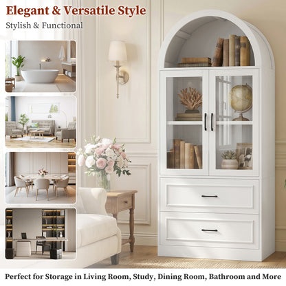 [Video] Modern Minimalist Arched Top Storage Cabinet with Tempered Glass Doors, Fixed 2-Tier Shelves, 2 Large Drawers, Soft Close Hinges & Exquisite Metal Handles, White