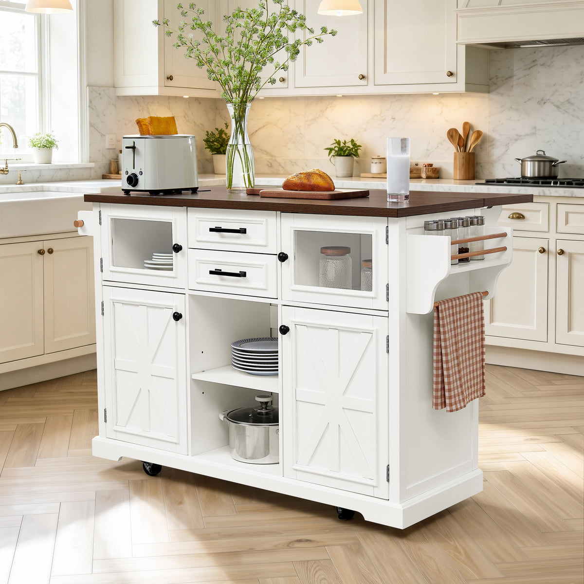 47.2" Kitchen Island with Drop Leaf, Power Outlet, Rolling Kitchen Storage Cart on 4 Wheels with 4 Door Shelves, Cross Barn Doors & Visual Glass Door for Kitchen,White