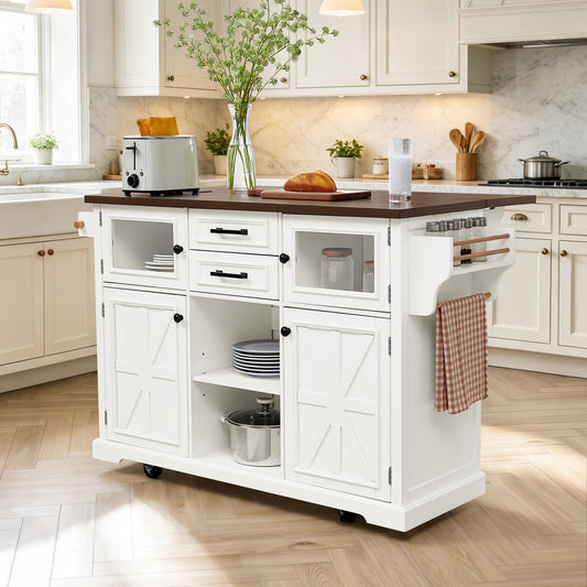 47.2" Kitchen Island with Drop Leaf, Power Outlet, Rolling Kitchen Storage Cart on 4 Wheels with 4 Door Shelves, Cross Barn Doors & Visual Glass Door for Kitchen,White