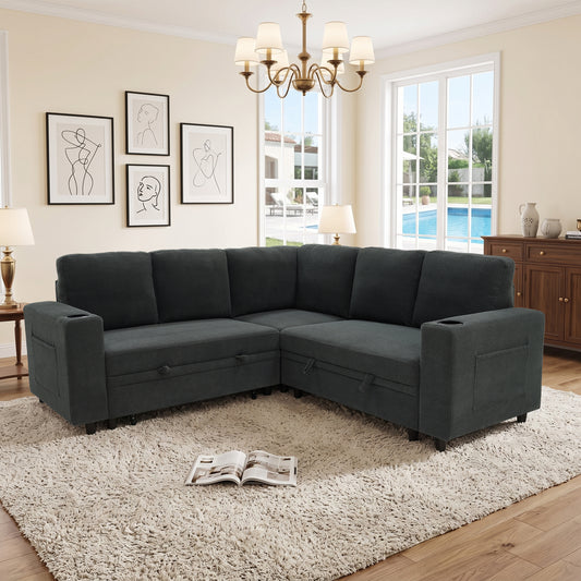 Nubby upholstery upholstered L-Shape Sectional Sofa Bed with Pull Out Sleeper and Storage, Convertible Corner Couch with Cup Holders & Side Pockets for Living Room
