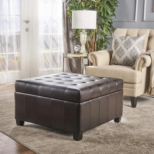 Upholstered Tufted PU Leather Storage Ottoman, Dark Brown
