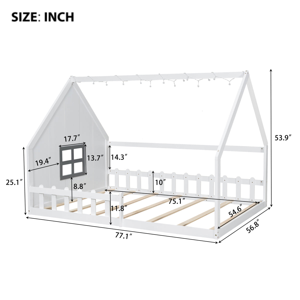 Full Size Wood House Bed with Window and Fence, White (Old SKU: WF304147AAK)