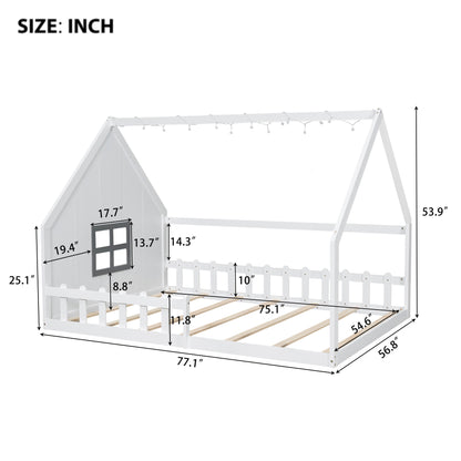 Full Size Wood House Bed with Window and Fence, White (Old SKU: WF304147AAK)
