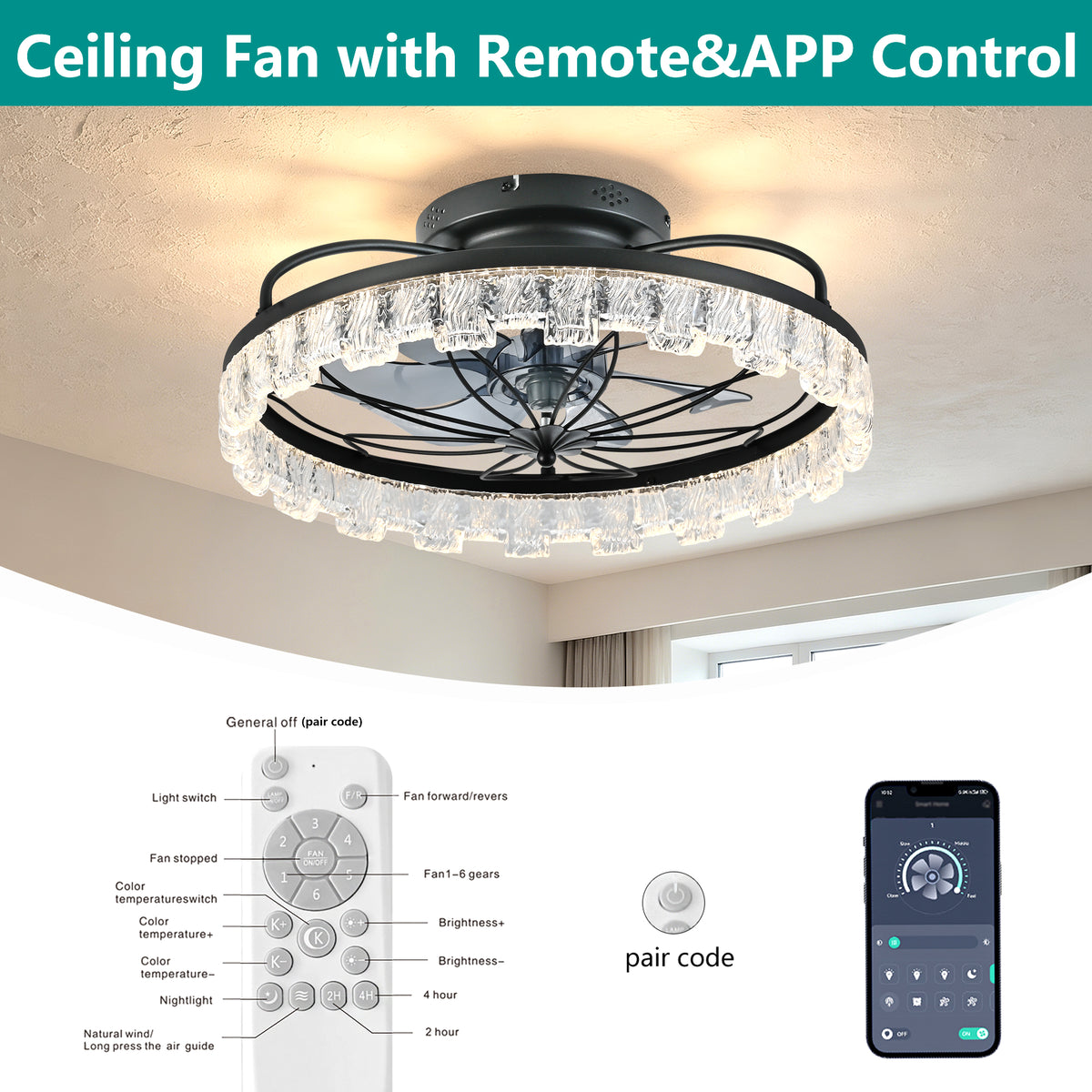 Rustic Black Ceiling Fan with Light, Farmhouse Flower Caged Ceiling Fan with Remote, LED Low Profile Ceiling Light for Bedroom Kitchen Living Room