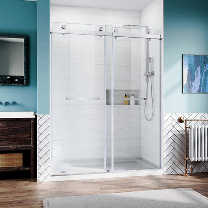 Brushed Nickel 56-60 in.W x 76 in.H 1/4"(6mm) Frameless Sliding Door Bypass Glass Sliding Shower Doors Clear Tempered Glass,Heavy Duty Stainless Steel Hardwares 2pcs Rectangle Handles,