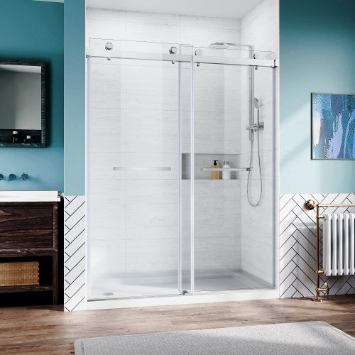 Brushed Nickel 56-60 in.W x 76 in.H 1/4"(6mm) Frameless Sliding Door Bypass Glass Sliding Shower Doors Clear Tempered Glass,Heavy Duty Stainless Steel Hardwares 2pcs Rectangle Handles,