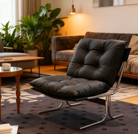 Leather Armchair, Modern Accent Chair High Back, Living Room Chairs with Metal Legs and Soft Padded, Sofa Chairs, Dining Room (Black-1pc)