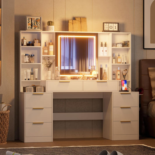 Makeup Vanity Desk with Mirror and Lights, 59" Large Vanity Table with 8Drawers & Open Storage Shelves, Brightness Adjustable, Dressing Table for Bedroom, Women and Girl
