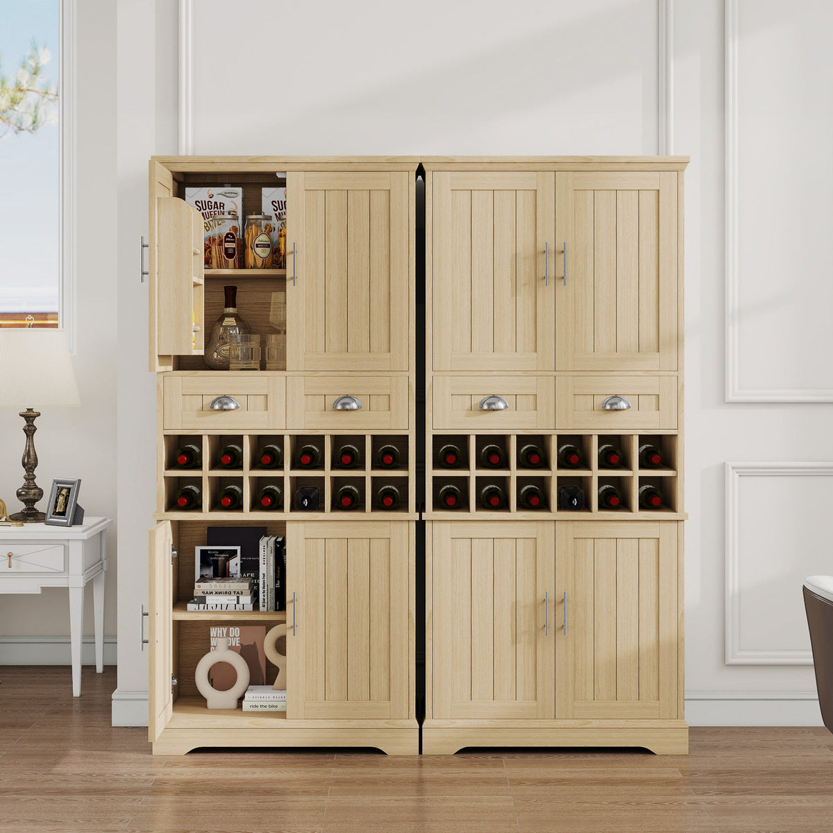 70.9" Tall Farmhouse Wine Storage Cabinet, Removable 12-Bottle Wine Rack, 2 Spacious Drawers, 4 Door Shelves, Adjustable Shelves & 2-Tier Storage Cabinets for Kitchen, Dining Room,Natural