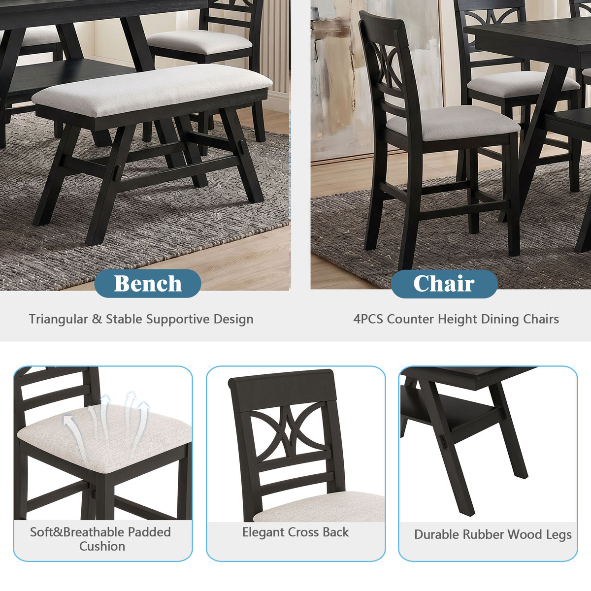 TOPMAX 6-Piece Wood Counter Height Dining Table Set with Storage Shelf, Kitchen Table Set with Bench and 4 Chairs, Rustic Style
