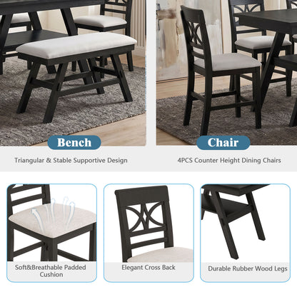 TOPMAX 6-Piece Wood Counter Height Dining Table Set with Storage Shelf, Kitchen Table Set with Bench and 4 Chairs, Rustic Style