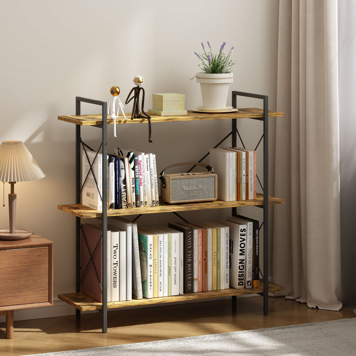 3-Tier Bookshelf, Horizontal Bookcase with Open Storage Shelves, Rustic Industrial Plant Stand, Wood & Metal Shelf for Living Room, Bedroom & Home Office (Rustic Brown)