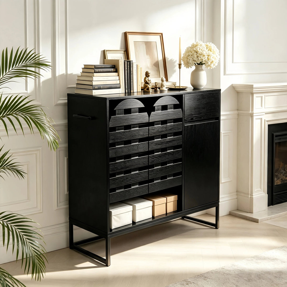 Buffet Cabinet with Storage: 44.49"Black Woven Door Accent Cabinets,with Arched Doors,with Multi layer Adjustable,with Metal Leg,woven door and drawer - for Kitchen Living Dining Room Entryway
