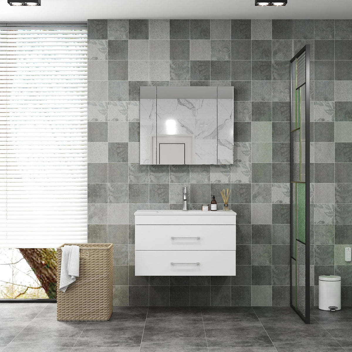32-Inch White Gloss Wall-Mounted Bathroom Vanity with Double Drawers, Soft-Close System,Ceramic Sink, Create a Modern and Minimalist Bathroom Space!