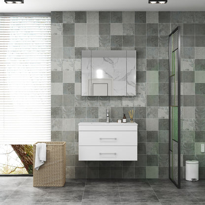 32-Inch White Gloss Wall-Mounted Bathroom Vanity with Double Drawers, Soft-Close System,Ceramic Sink, Create a Modern and Minimalist Bathroom Space!
