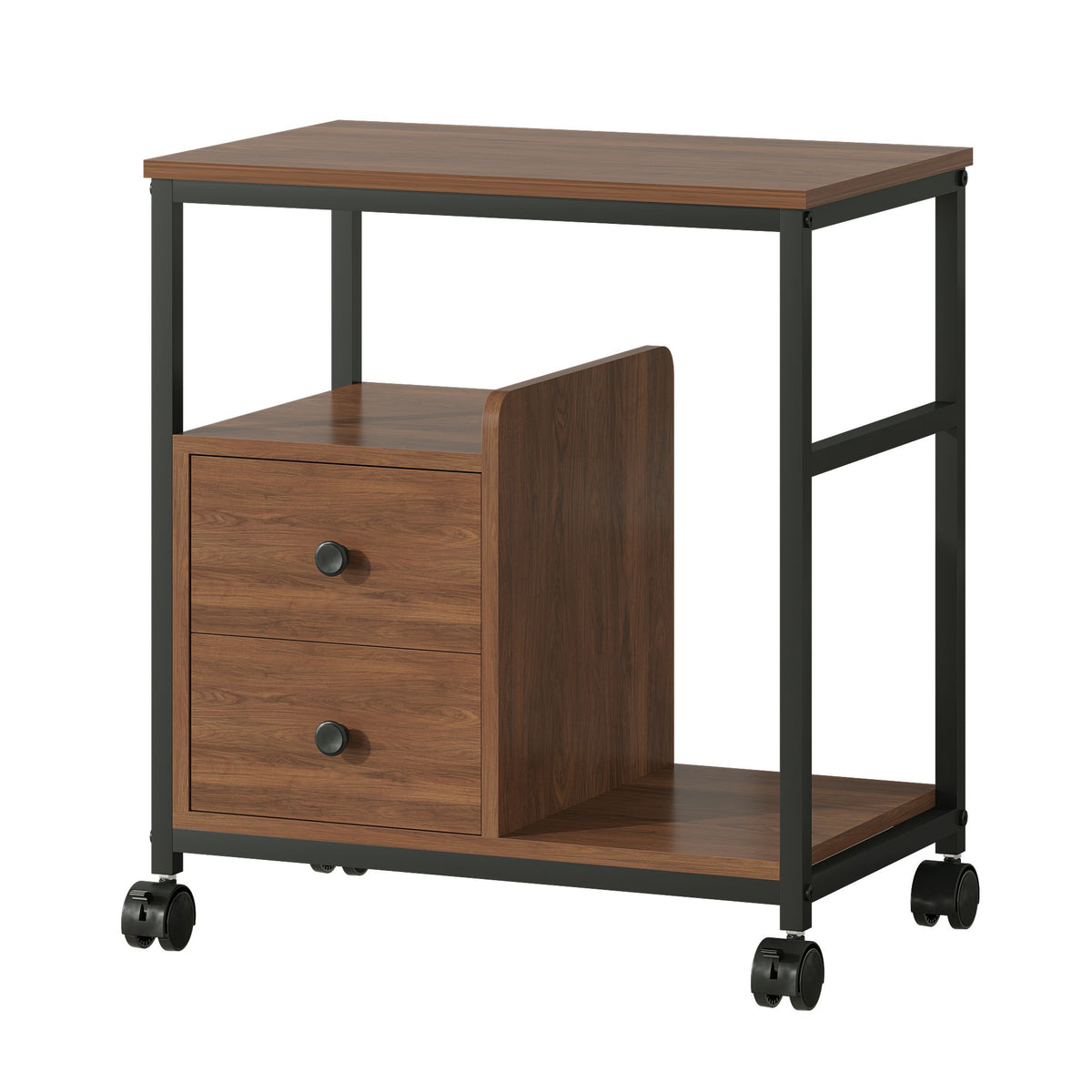 End Table with Wheels & Storage Drawers, Side Table,  Nightstand, Stable Metal Frame, Wood Top, for Bedroom Kitchen Living Room and Office, 14.9"D x 23.6"W x 25.7"H