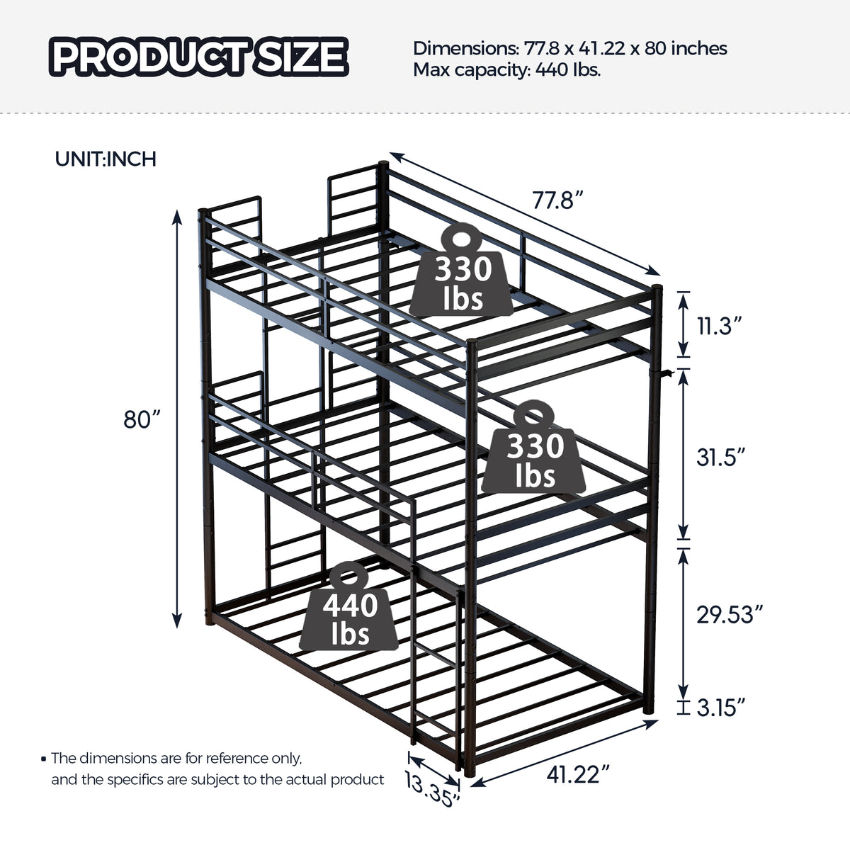 Metal Triple Bunk Bed Twin over Twin over Twin, Convertible 3-in-1 Detachable Bed Frame with Anti-Tip Bracket, Guardrails, Slats Support, Noise Free, No Box Spring, Black