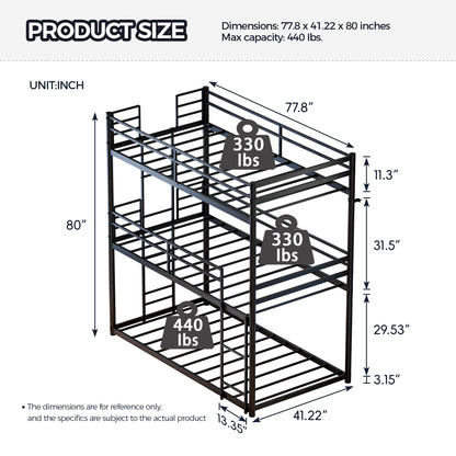 Metal Triple Bunk Bed Twin over Twin over Twin, Convertible 3-in-1 Detachable Bed Frame with Anti-Tip Bracket, Guardrails, Slats Support, Noise Free, No Box Spring, Black