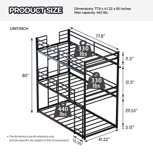Metal Triple Bunk Bed Twin over Twin over Twin, Convertible 3-in-1 Detachable Bed Frame with Anti-Tip Bracket, Guardrails, Slats Support, Noise Free, No Box Spring, Black