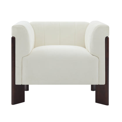 Modern Accent Chair Chenille Armchair Single Sofa Chair with Tight Back, Round Arms, Vertical Channel Tufted Back and Walnut Rubber Wood Legs for Living Room, Bedroom or Reading Corner, Beige