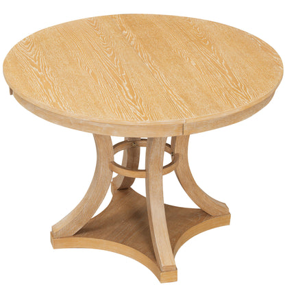 TREXM 5-Piece Retro Functional Dining Table Set Extendable Round Table and 4 Upholstered Chairs for Dining Room and Living Room (Natural)