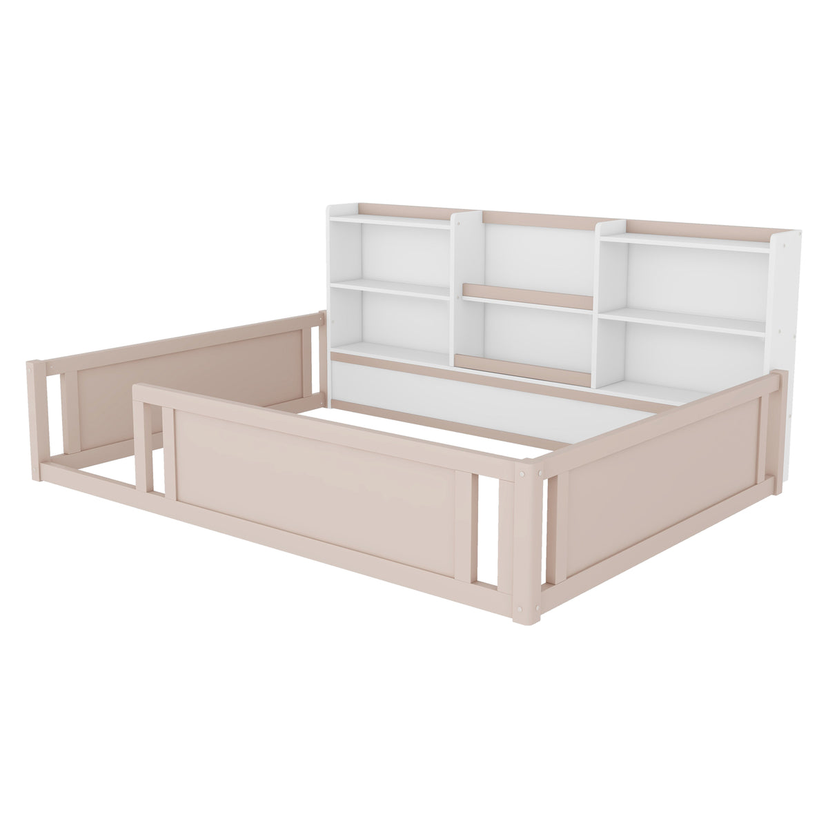 Full Size Wooden Platform Floor Bed with Guardrail Fence and Convenient Side Storage Shelves, Space-Saving Kids Bed Frame,Nude and White