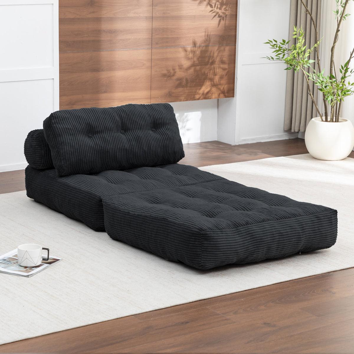 Folding Sofa Bed, Convertible Sleeper Chair with Pillow Foldable Mattress with Back Support, Portable Fold Out Chair Bed Comfy Floor Sofa Lounge for Living Room Bedroom, Black , Single