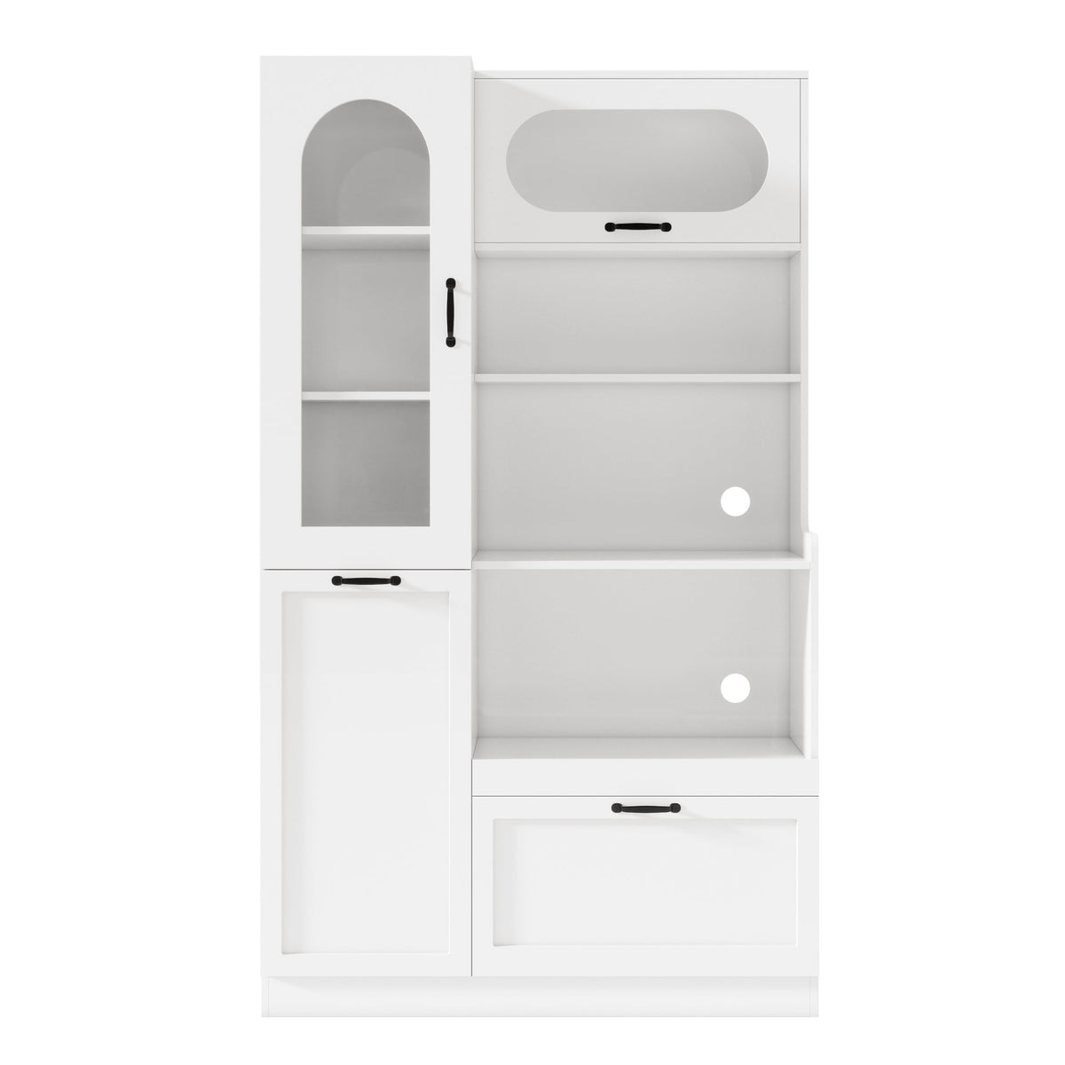 TREXM Tall Freestanding Kitchen Pantry Cabinet with Arched Glass Door, Flip-Up Cabinet Door, Pull-Out Shelves & Drawer, Adjustable Shelves, Storage Cupboard for Kitchen Dining Room (White)