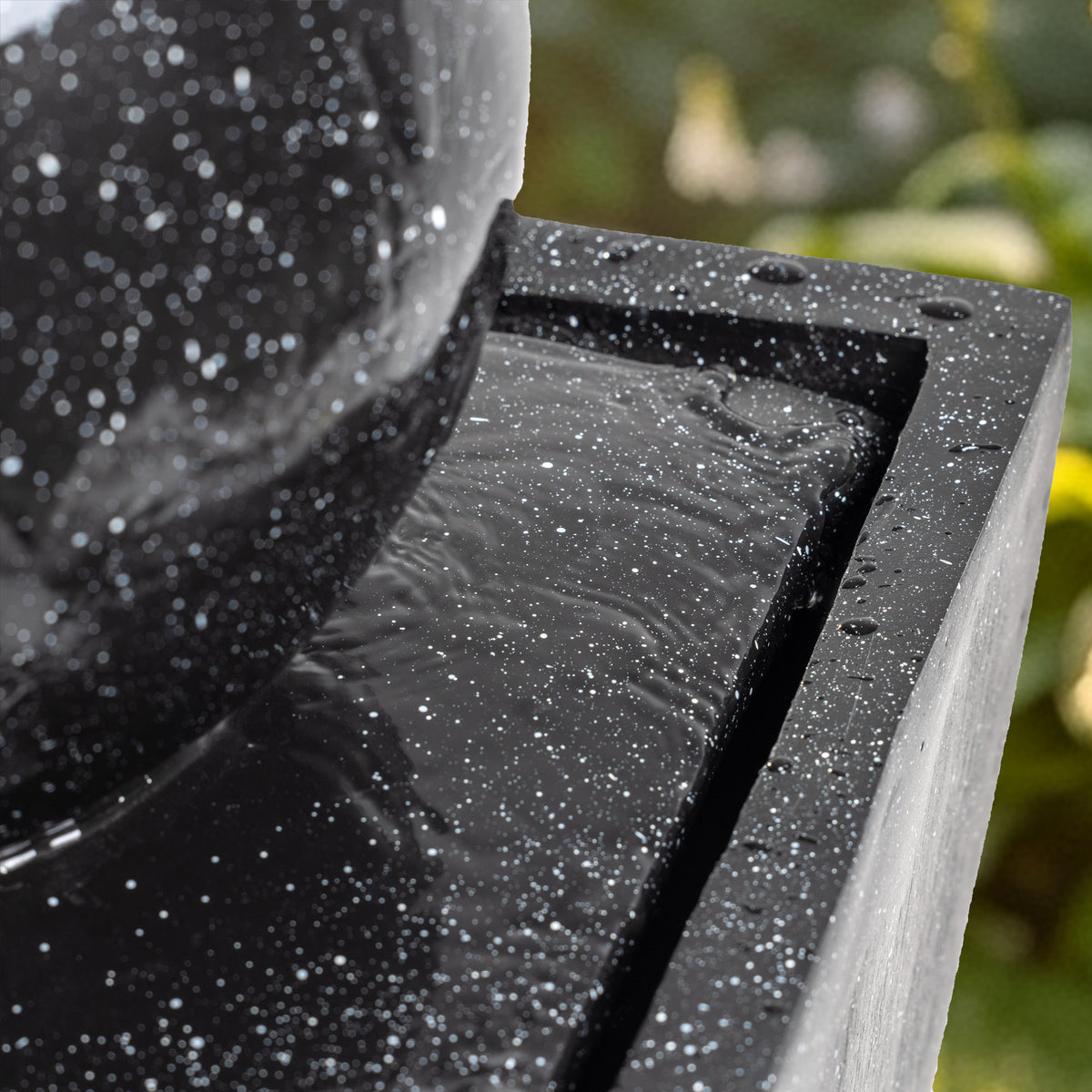 Floor‑Standing Water Fountain, Black Speckled Trapezoid Base Fountain with Smooth Sphere, Warm LED Light for Garden, Patio, Backyard Decor 14''×14''×34''
