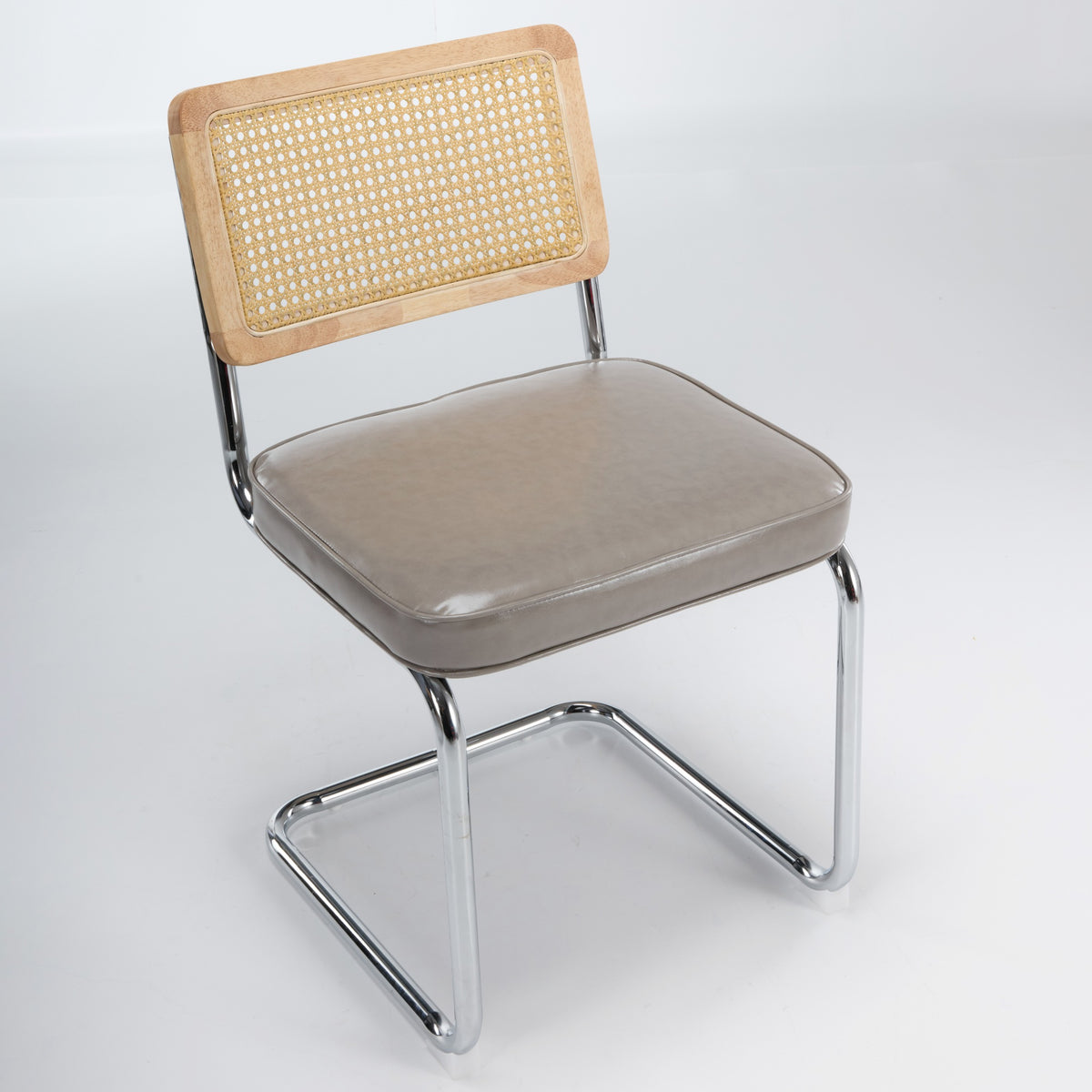 Dining Chairs Set of 2,Mid‑Century Modern Cane Rattan Dining Chair with Solid Wood Frame,Faux Leather Upholstered Seat,Cantilever Chrome Metal Frame Armless Side Chair for Kitchen Dining Room,SW1751GG