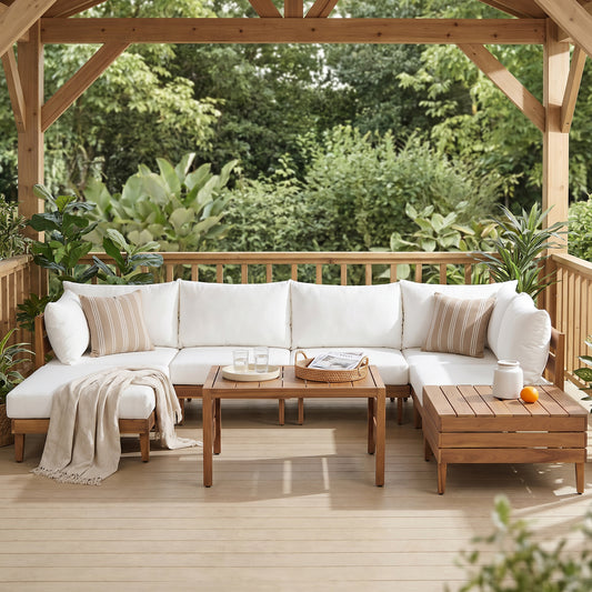 TOPMAX 8-Piece Acacia Wood Outdoor Patio Sofa Set, Modular Sectional Furniture Set with Storage Tea Table, Coffee Table and Cushions for Backyard, Poolside, Indoor&Outdoor, Beige