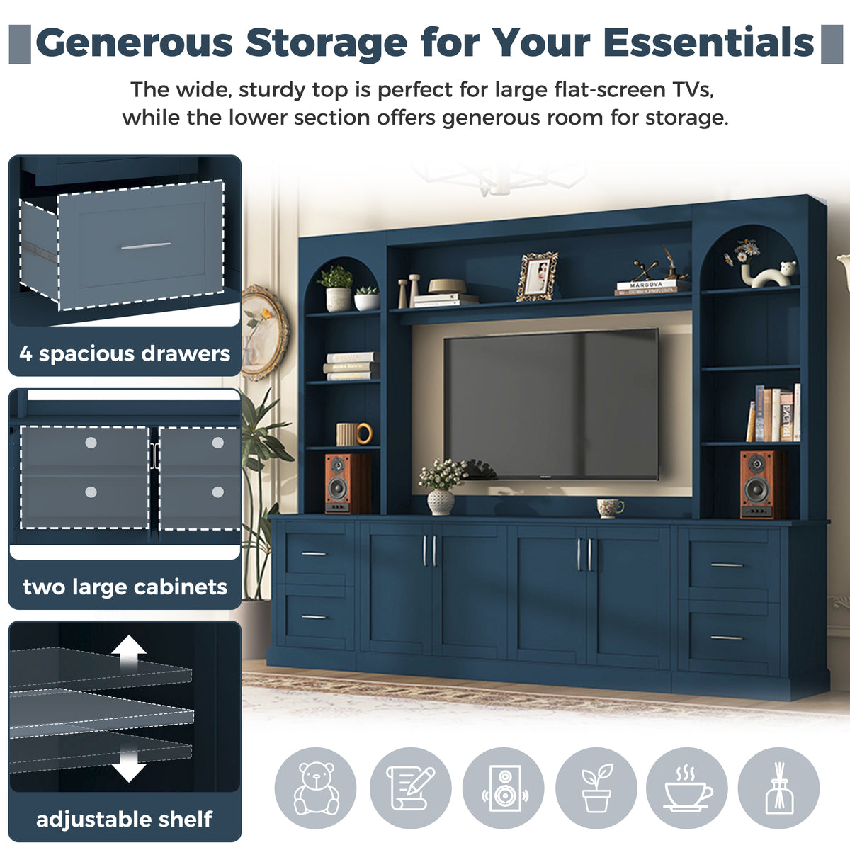 Modern Arched Entertainment Center Wall Unit with Drawers, Farmhouse TV Stand with Cable Holes for TVs Up to 65", Multifunctional All-in-One TV Console with Adjustable Shelves for Living Room, Blue
